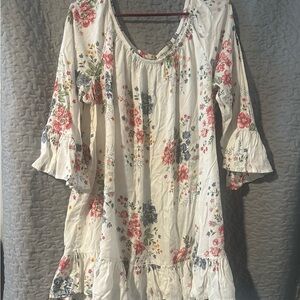 Terra & Sky Cream Floral Peasant Tunic with Pink & Blue Blooms